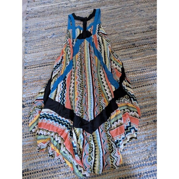 Addie Handkerchief Dress High Low Criss Cross Harness Neck Med Blue Black Multic - Picture 5 of 5